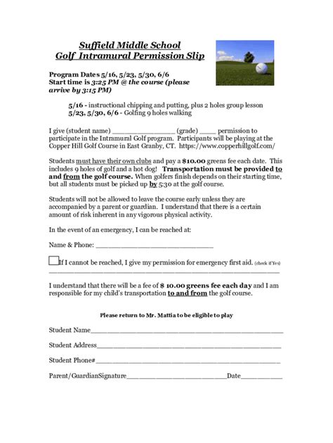 Fillable Online Intramural Permission Slip Suffield Middle School Fax