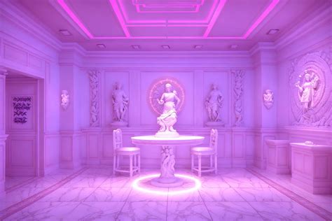 Vaporwave-style (coffee shop interior) . with white roman statues ...