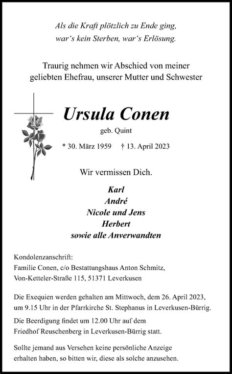 Traueranzeigen Von Ursula Conen Wirtrauern