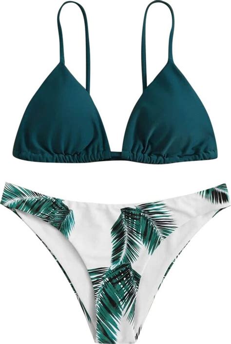 Skag Skang Women Two Piece Triangle Bottom Sexy Bra Bikini Set Leaf Push Up Padded Summer Beach