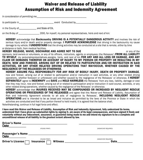 Waiver Form Free Printable Documents