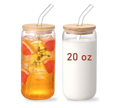 20 Oz Glass Cups With Bamboo Lids And Glass Straw Beer Can Shaped Drinking Glasses Set Iced