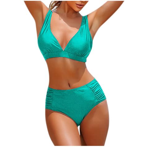 Rydcot Swimsuit For Women Bikini Ruched High Waisted Bathing Suit Deep V Neck Two Piece