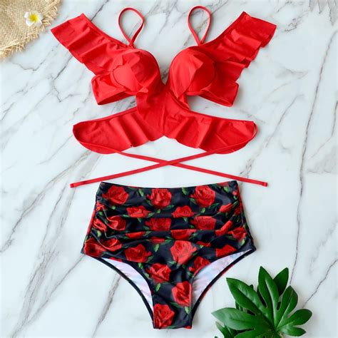 MAILLOT DE BAIN Bikini fleuri à volants pour femmes maillot sexy avec lanière croisée et
