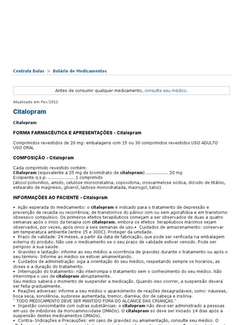 Bula Do Escitalopram - CITALOPRAM - Bula CITALOPRAM | PDF | Antidepressivo | Depressão