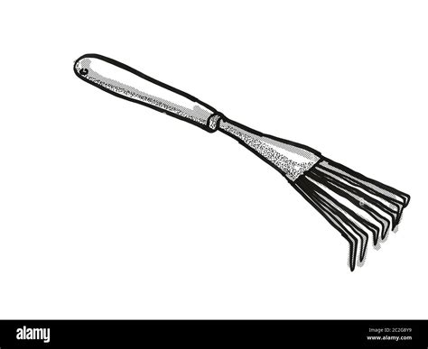 retro cartoon style drawing   hand leaf rake  garden  gardening