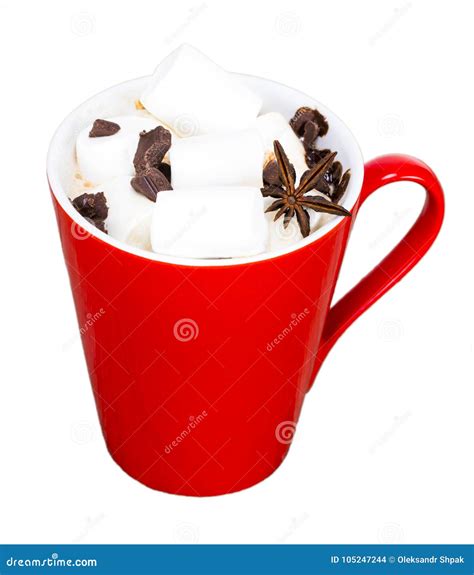 Red Mug With Hot Chocolate With Melted Marshmallow On White Background Stock Photo Image Of