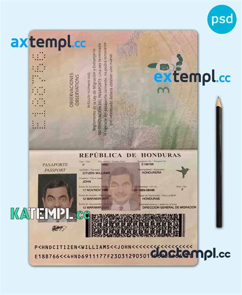 sample Honduras passport PSD template, completely editable download