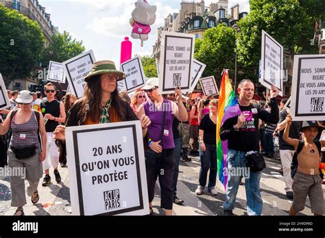 Paris France Crowd Aids Activists Of Act Up Paris Protesting Against Aids French Sign Gay