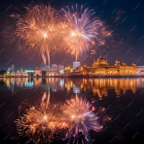 Premium AI Image | A Diwali fireworks display over the holy city of ...