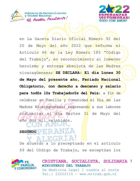 Nicaragua Lunes De Mayo Ser Feriado Nacional Con Goce De Salario