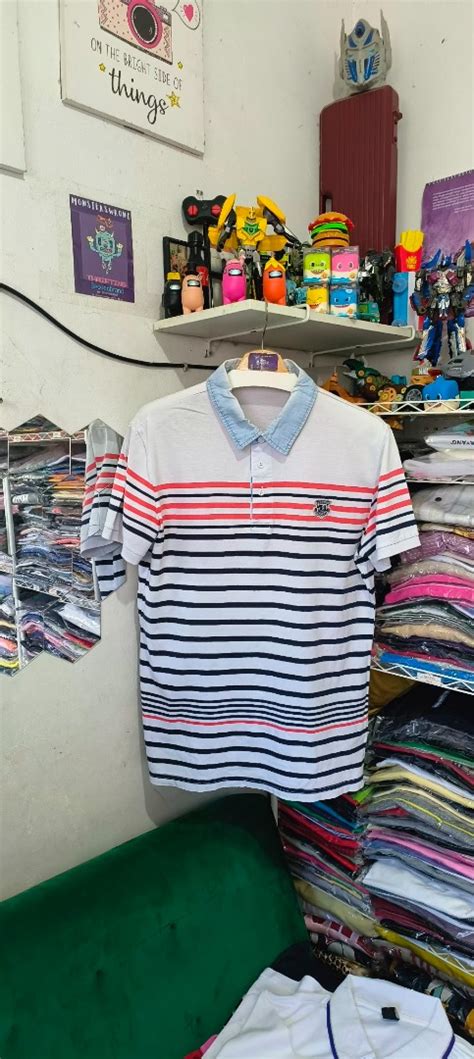 Kaos Polo Clride N Putih Garis Garis Merah Biru Dongker Fesyen Pria