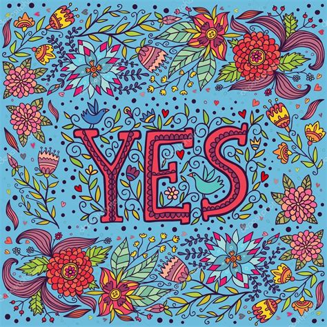 Word Yes On A Blue Background With Flowers — Stock Vector