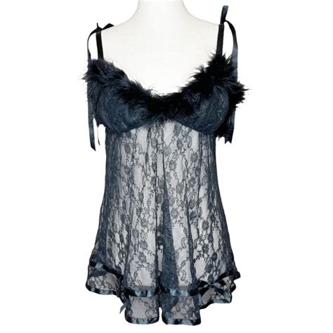 Vintage Intimates Sleepwear Vintage Black Lace Fuzzy Trim Satin Ribbon Lingerie Chemise