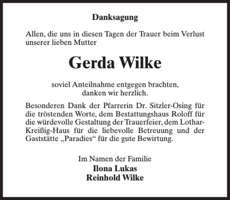 Traueranzeigen Von Gerda Wilke Trauer Anzeigen De