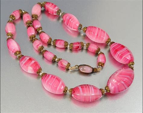 Czech Glass Bead Necklace Art Deco Pink Gold Gilt Vintage Etsy