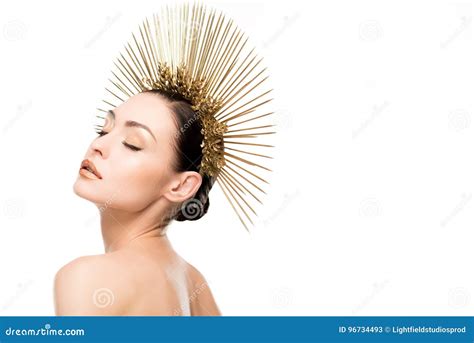 Sensual Naked Woman With Closed Eyes Wearing Golden Headpiece Royalty Free Stock Photo