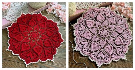 Crocheted Doily Is Shown In Three Different Colors And Sizes Including Red