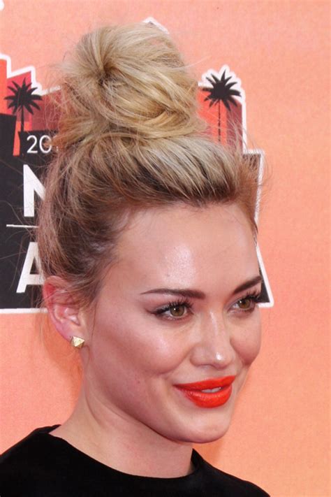 Hilary Duff Straight Golden Blonde Bun Messy Hairstyle Steal Her Style