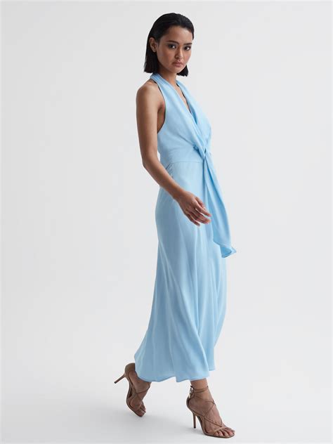 Halter Neck Tie Detail Midi Dress In Blue Reiss