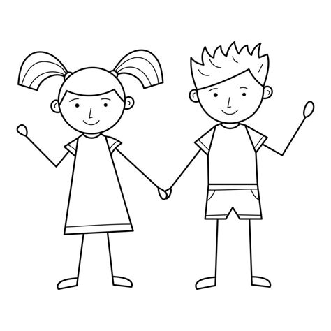 A boy and a girl hold hands. Cute characters. A linear drawing by hand ...