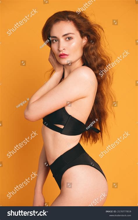 Smiling Brunette Woman Posing Black Bikini Stock Photo Shutterstock