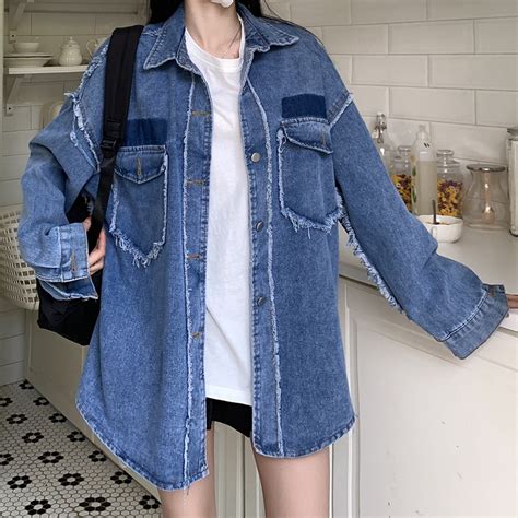 Jual Kemeja Denim Biru Wanita Gaya Korea Retro Kepribadian Kemeja