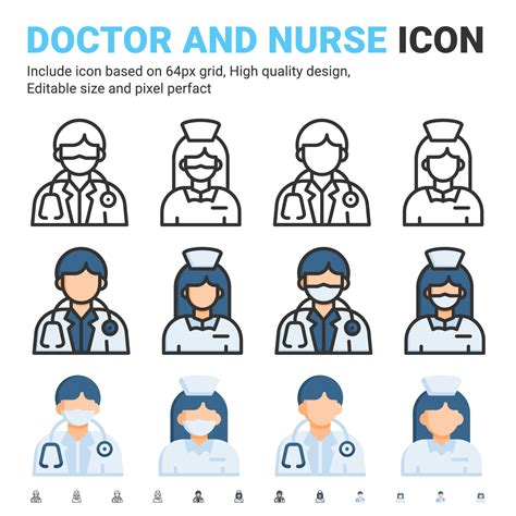 Doctor And Nurse With Face Mask Line Icons Isolated On White Background