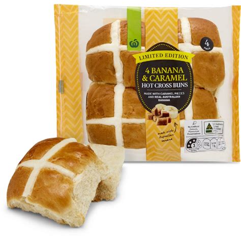 Ww Banana Caramel Hot Cross Buns 4pk Woolworths