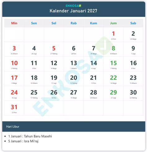 kalender januari  lengkap