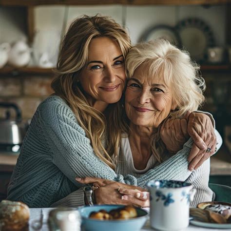 Portrait Of A Happy Mature Mother And Daughter Laughing And Hugging In The Kitchen Premium AI