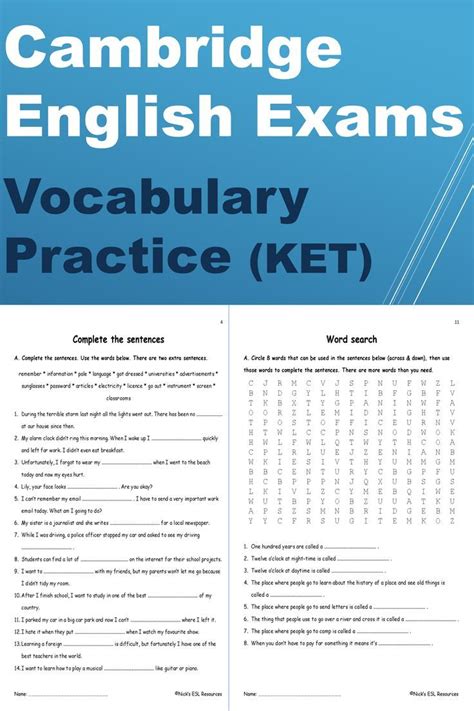 Cambridge English Exams Vocabulary Practice Worksheet Pack Ket