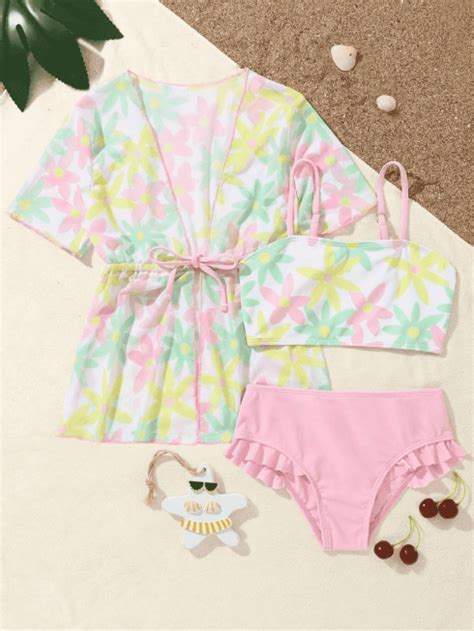 Ba Ador Bikini Con Estampado Floral Ribete Con Fruncido Con Kimono