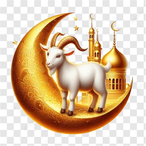 Eid Al Adha Goat On Golden Moon With Mosque Vector Isolated White Eid