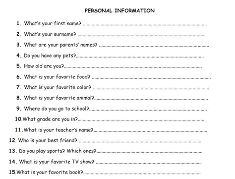 Personal Information Question Sheet