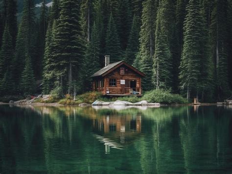 Una cabaña de madera junto al lago en el bosque de pinos ai generativo