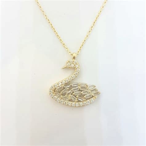 K Real Solid Gold Swan Design With Baguette And Cubic Zirconia Stones