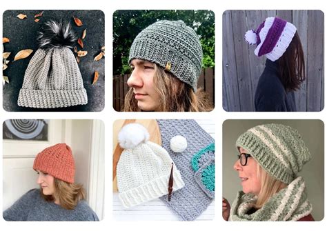 Four Different Knitted Hats And Scarves Are Shown