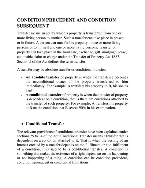 Condition Precedent AND Condition Subsequent CONDITION PRECEDENT AND