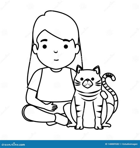 Cute Little Girl with Kitty Stock Illustration - Illustration of young