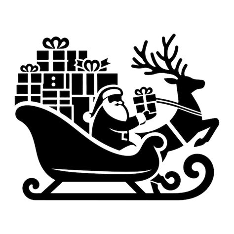 A Black And White Drawing Silhouette Of A Reindeer Sleigh With A Santa
