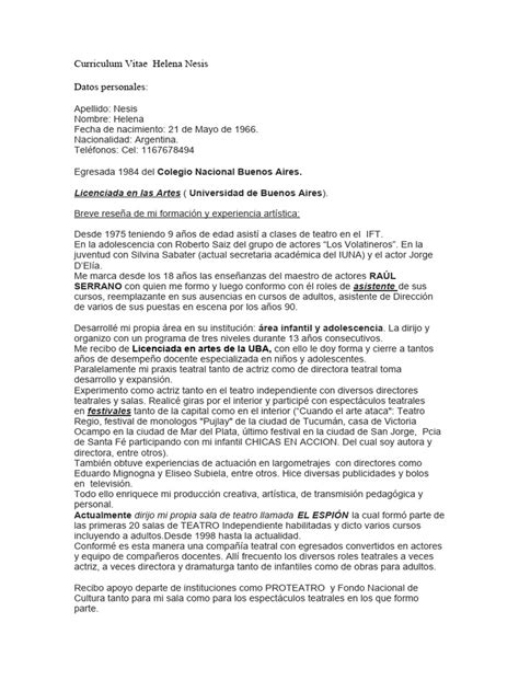 Helena Nesis Cv Actual Hasta 2023 Descargar Gratis Pdf Teatro