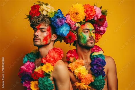 Generated AI Illustration Of Shirtless Gay Men Looking In Opposite Directions With Flower Crowns