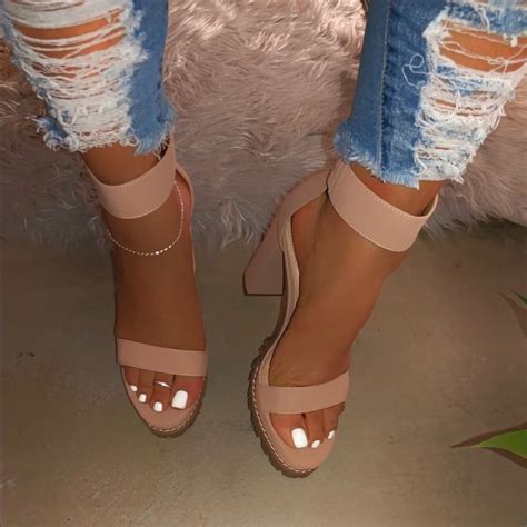 Make An Offer Nude Chunky Heels Black Sandals Heels Heels Shoes Heels