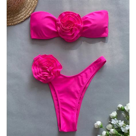 Womens Pink Floral Bikini Set With Rose Detail On Luulla