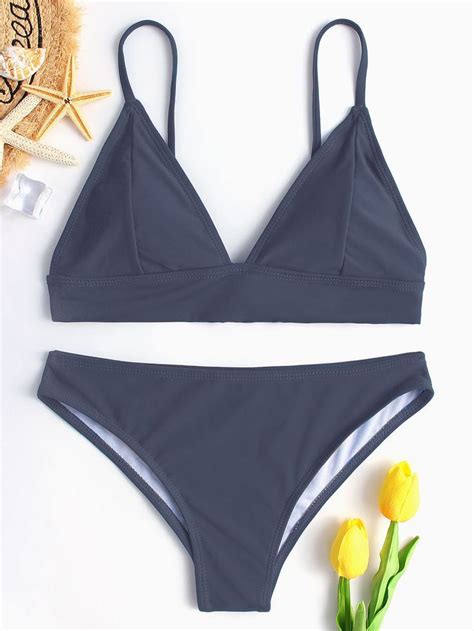 Grey Plain Spgahetti Bikini Set Us Bikini Grey Plain Set
