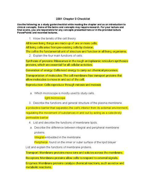 2301 Chapter 3 Study Guide: Key Concepts in Cell Biology - Studocu