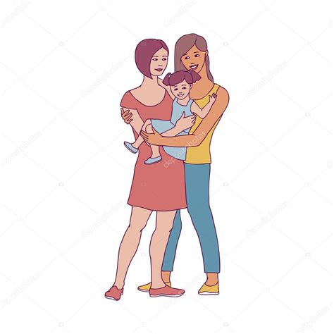 gay familia vector ilustración con dos feliz mujeres y su poco hija abrazando