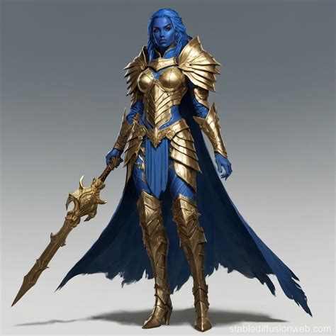 Dnd Aasimar Female Tall Warlock Full Body And Blue Skin And Simple Gold