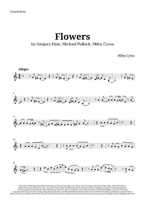 Flowers Arr Langanho By Miley Cyrus Sheet Music For French Horn Solo At Sheet Music Direct